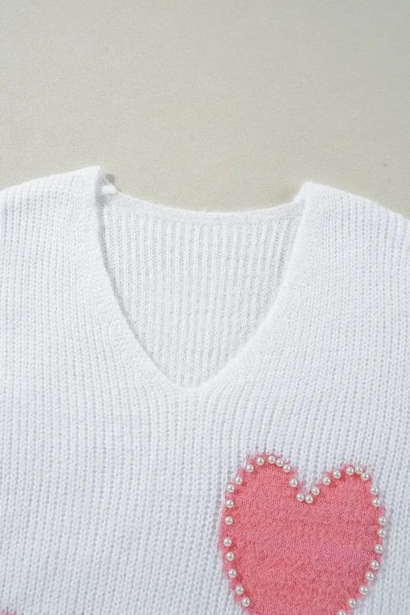 White Pearl Beaded Heart Pattern Fuzzy V Neck Sweater - Love Salve